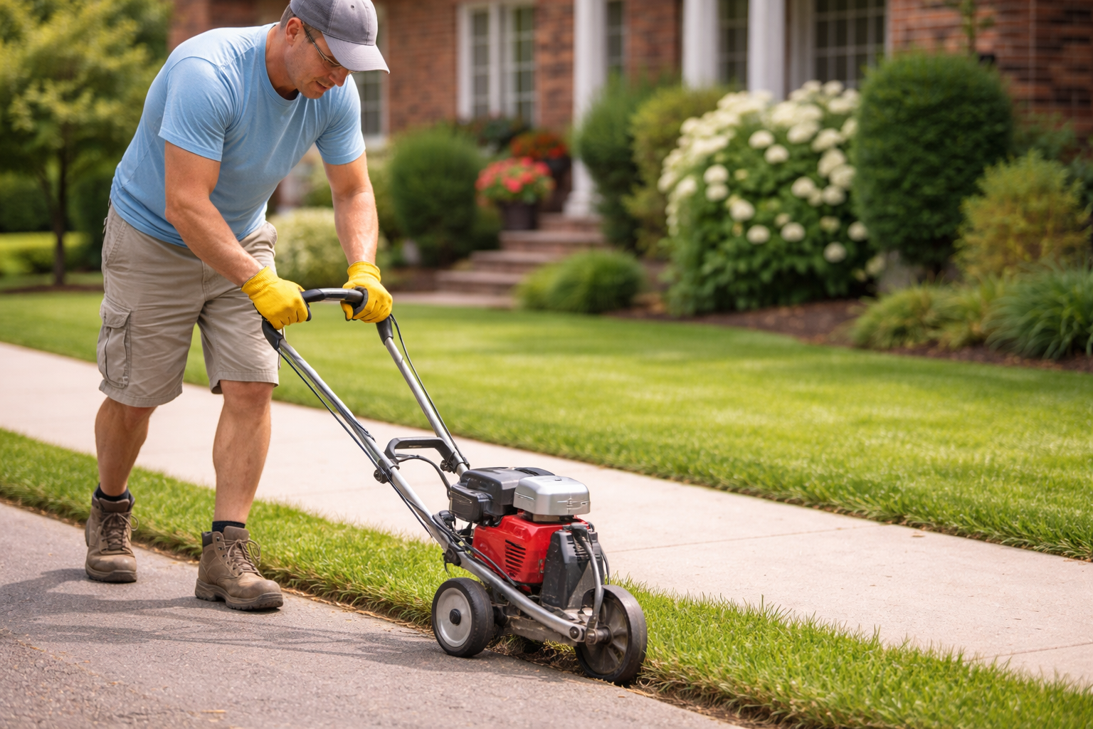 Man edging the lawn with power edger