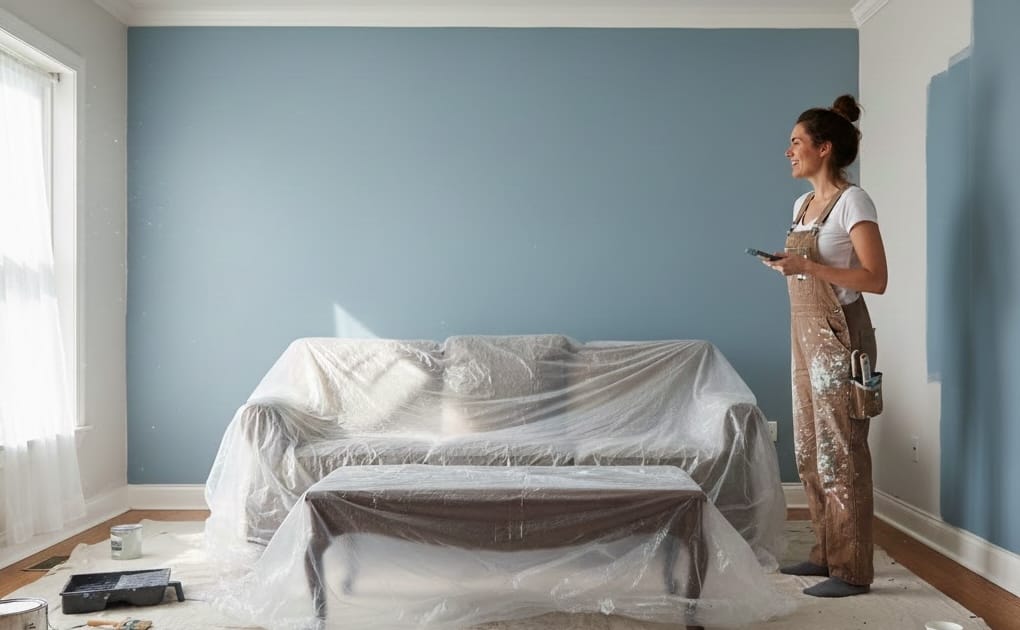 Woman painting living room with drop cloth in place