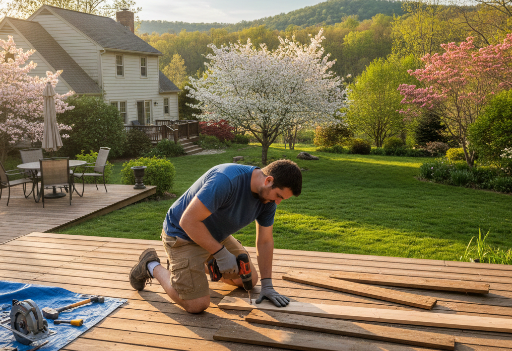man making repairs to deck in a springtime b ack
