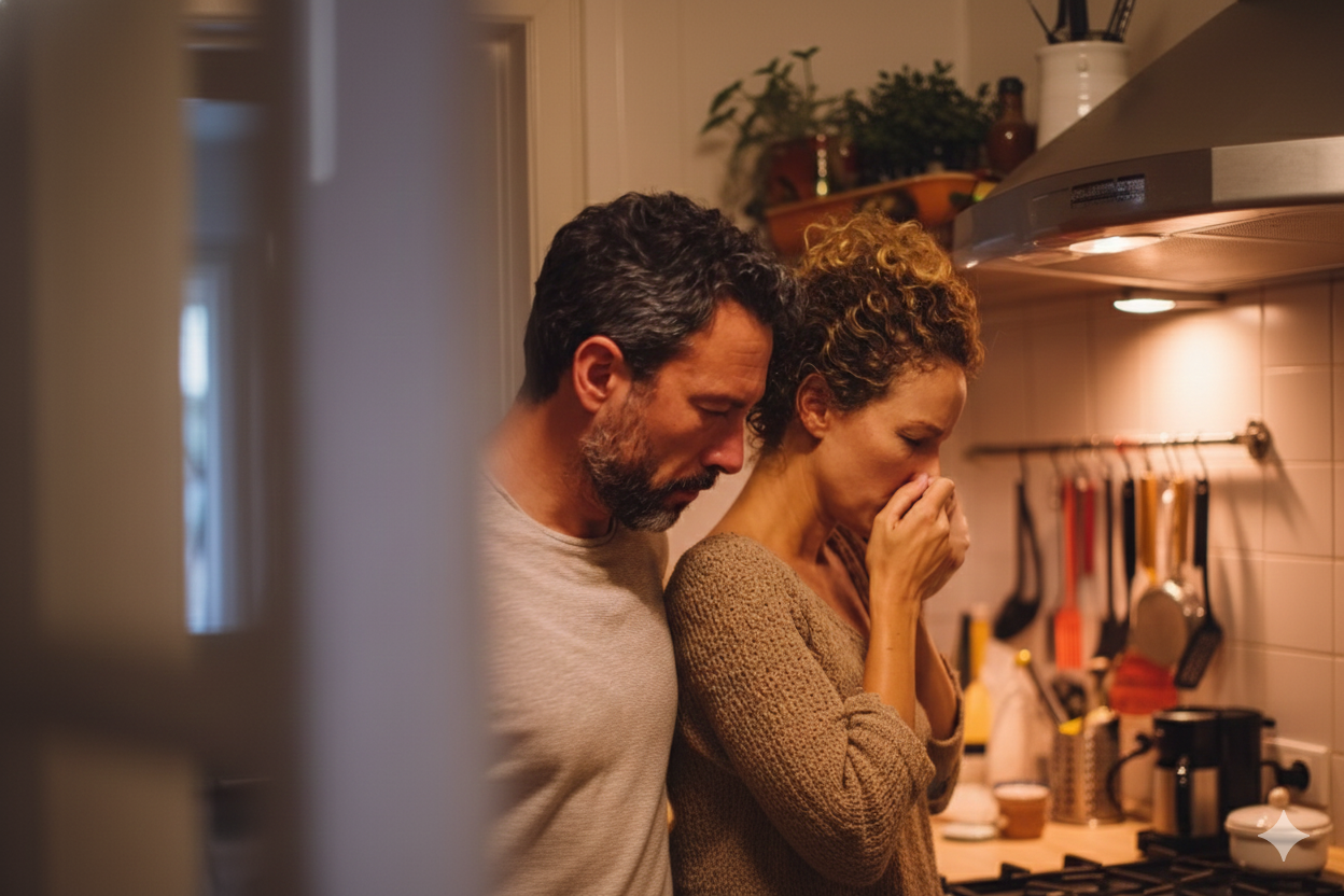 a couple smells the range and range hood in a nice kitchen
