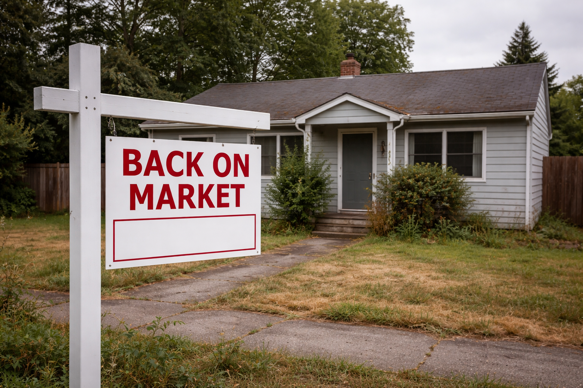 House that has not been maintained, overgrown, "Back on Market" sign in front yard