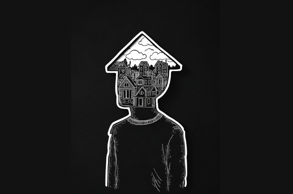 A man with a house-shaped head and thoughts of homes inside the head