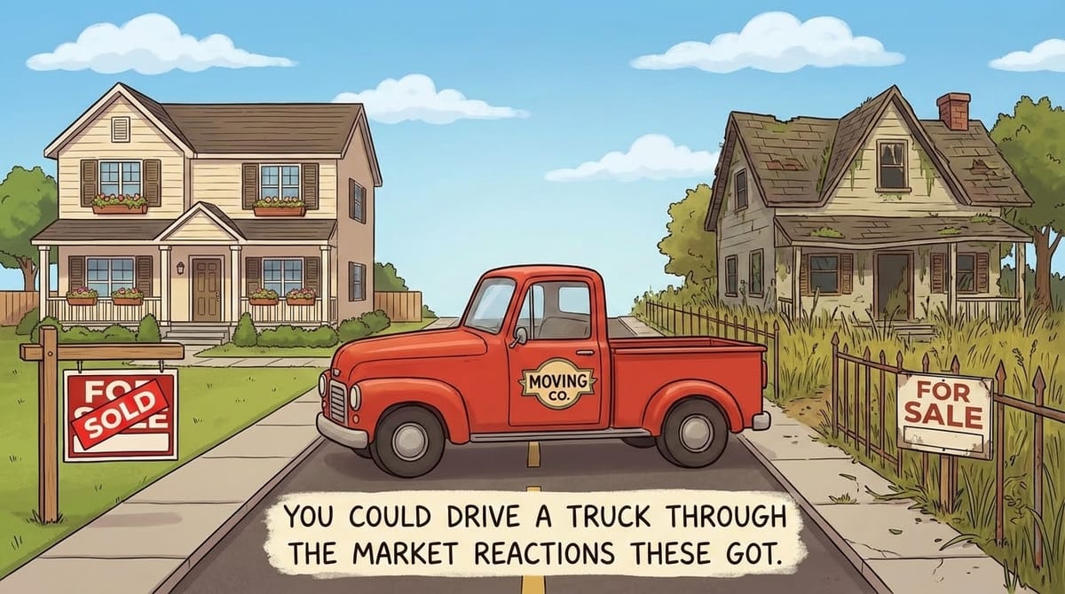 red truck between to homes for sale