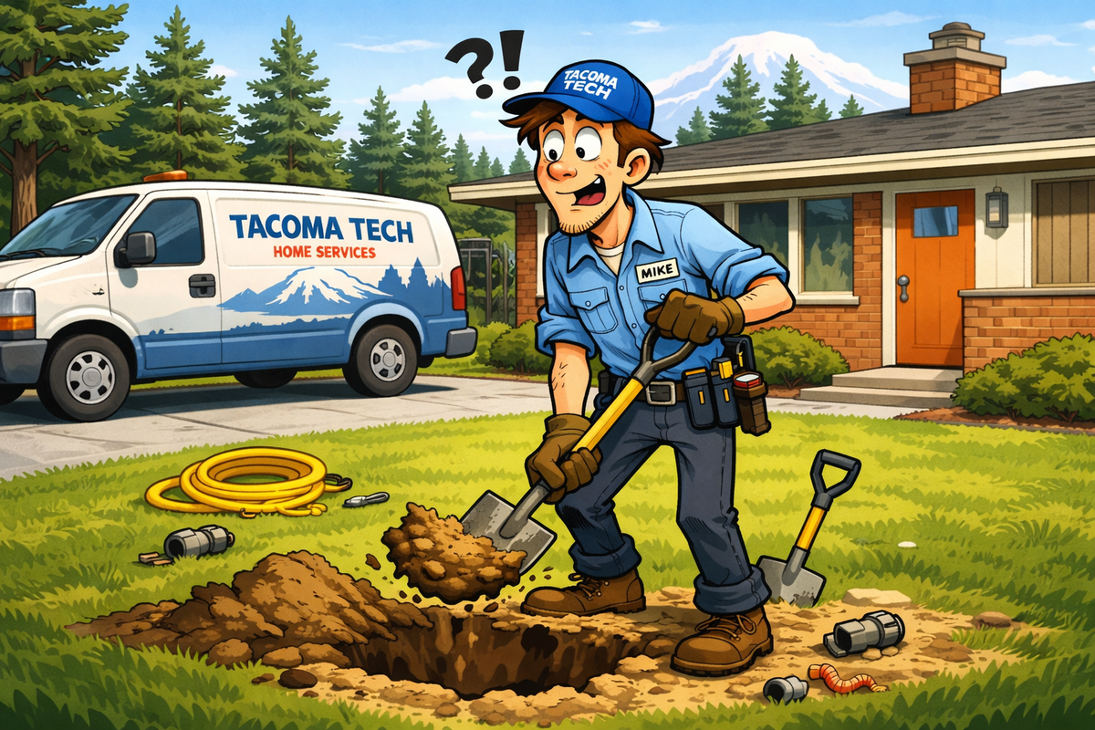 Service Tech digging in the front yard with Mount Rainier in the background