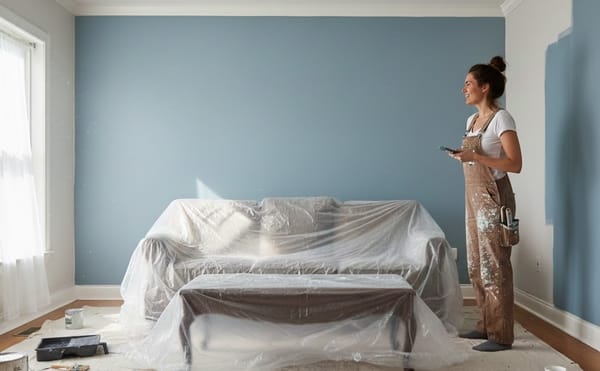 Woman painting living room with drop cloth in place