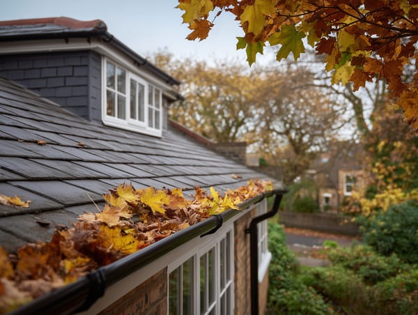 Home with leaves in the gutter.  Gutters need cleaning to operate correctly. 