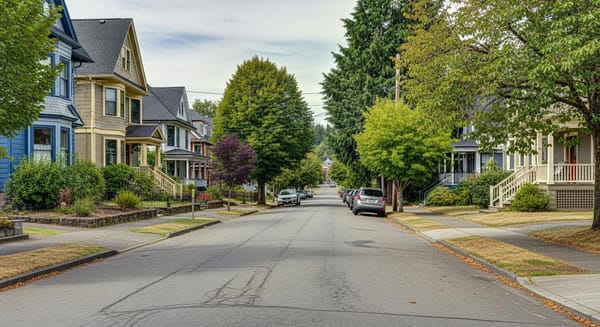 A street in Tacoma, WA featuring turn of the century homes and cars parked on the street out front